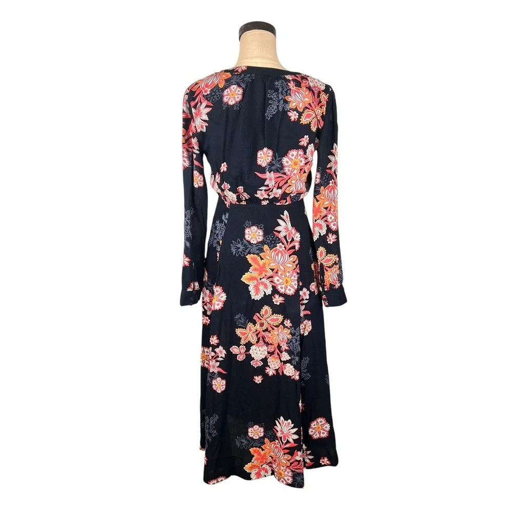 Free People Floral Embroidered Mesh Shoulder Button Front Midi Dress Black Sz 2